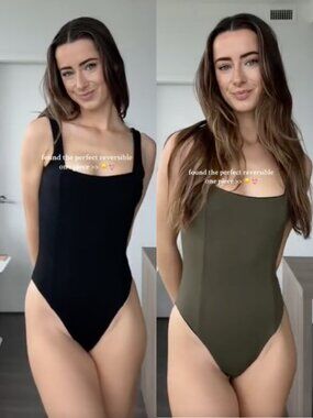 Frank & Oak The Classic Reversible Swimsuit One Piece Black Olive Green Medium